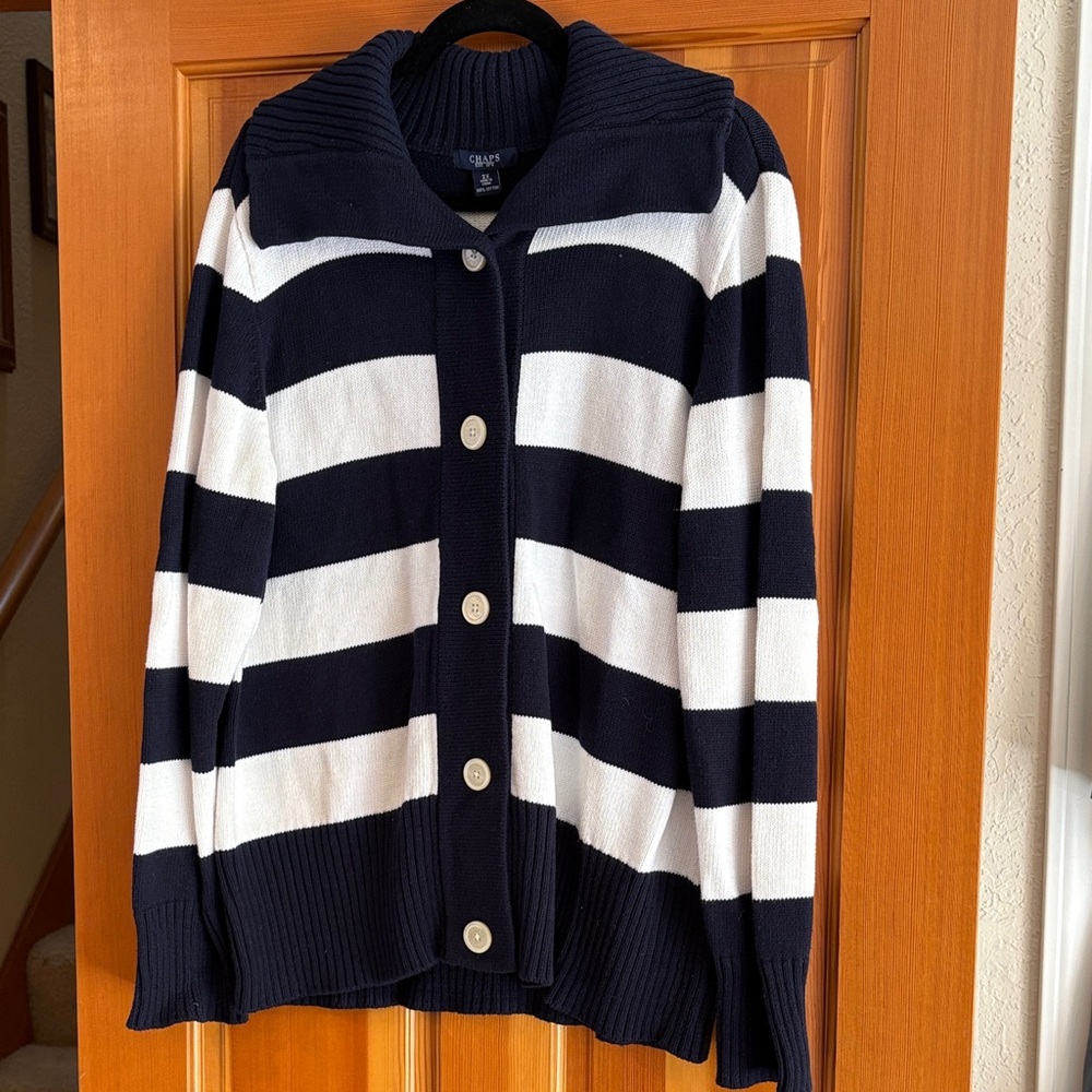 Chaps Navy and White Striped Cotton Cardigan